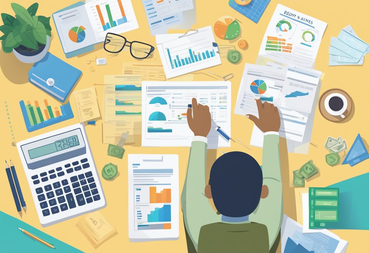 A person comparing RDSPs to other savings plans, surrounded by charts, graphs, and financial documents