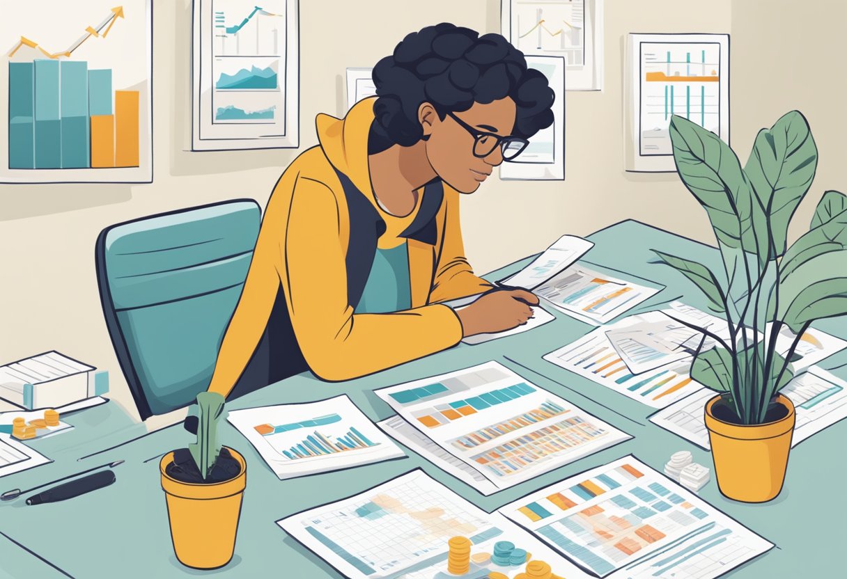 A person comparing different savings plans, including RDSP, with charts and graphs spread out on a table