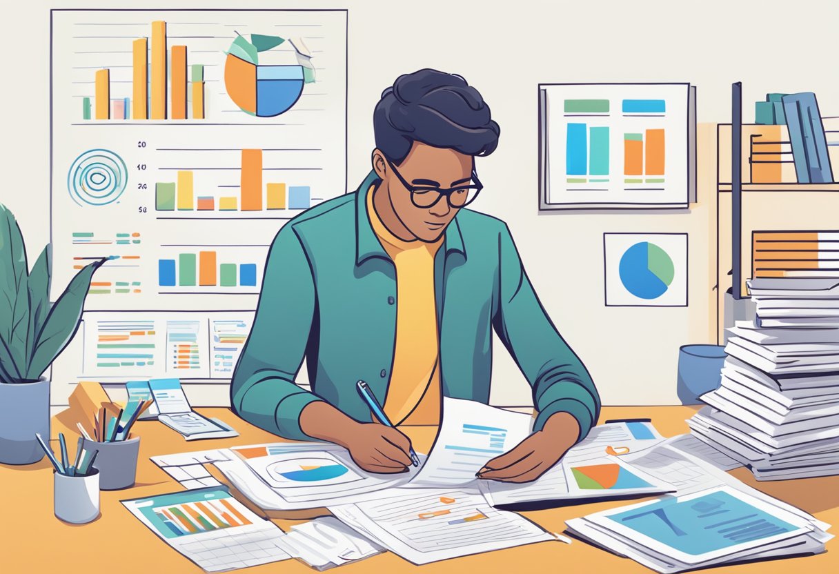 A person researching and comparing different savings plans, surrounded by charts, graphs, and financial documents