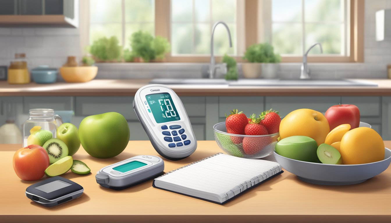 A kitchen counter with a bottle of Ozempic, a blood glucose monitor, a journal, and healthy food