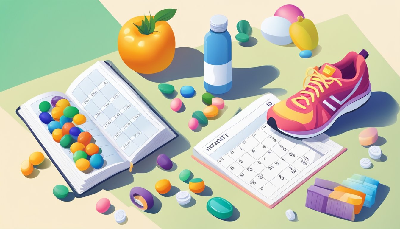 A colorful pill bottle surrounded by a calendar, healthy food, and a pair of running shoes, symbolizing the beginning of a journey towards better health