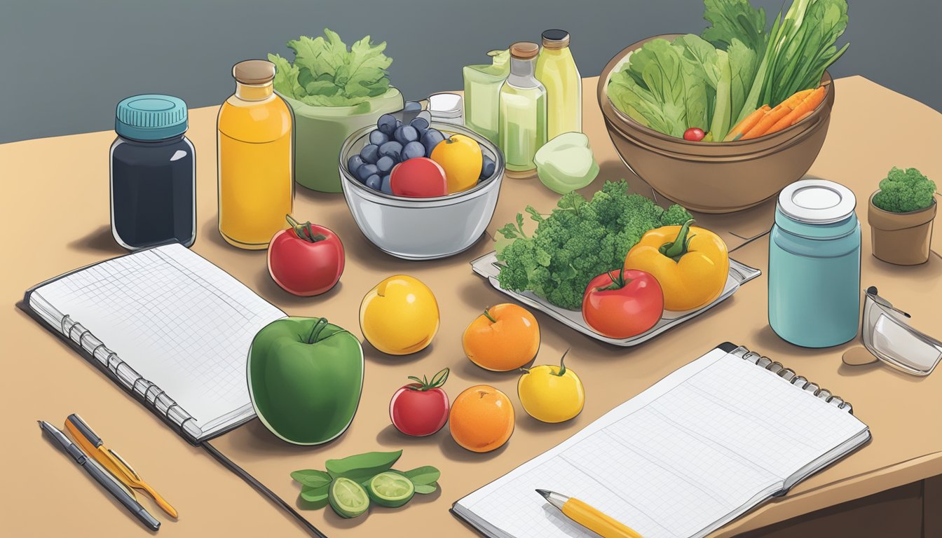 A kitchen counter with a variety of healthy food items, a prescription bottle of Ozempic, and a journal for tracking progress