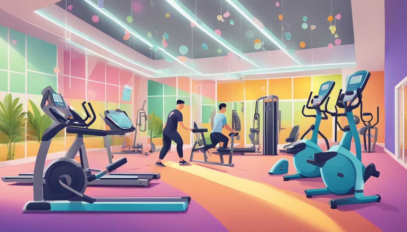 A colorful gym with various exercise equipment and a person taking their first dose of Ozempic