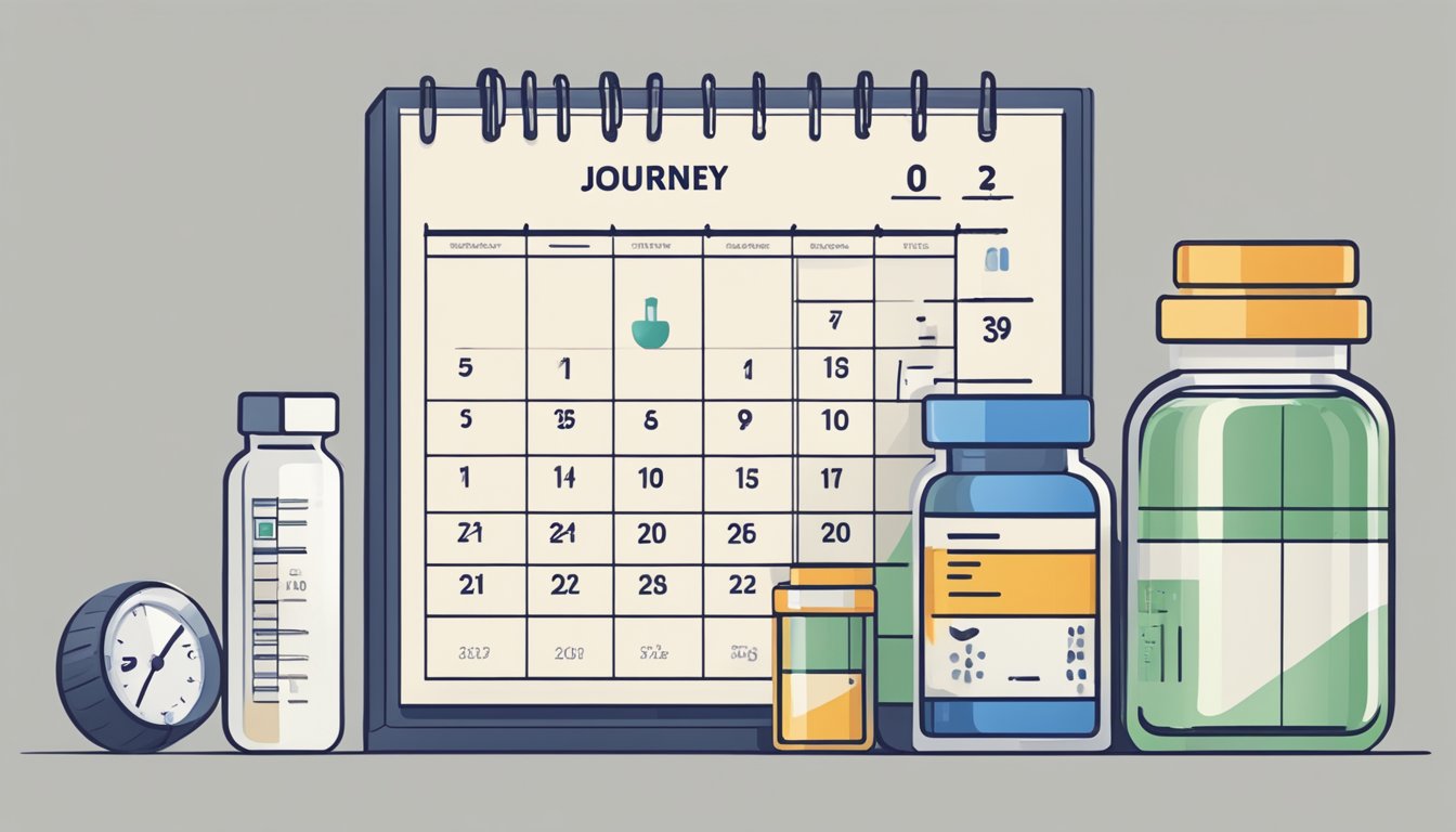 A person's journey with Ozempic, showing a calendar with the first month marked off, a scale with a lower weight, and a prescription bottle