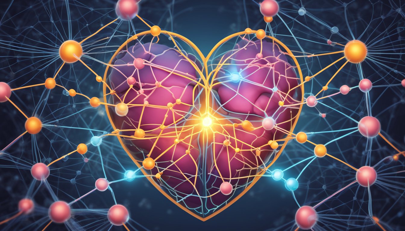 A heart and brain surrounded by a network of interconnected pathways, with a glowing Ozempic molecule at the center, symbolizing its impact on health