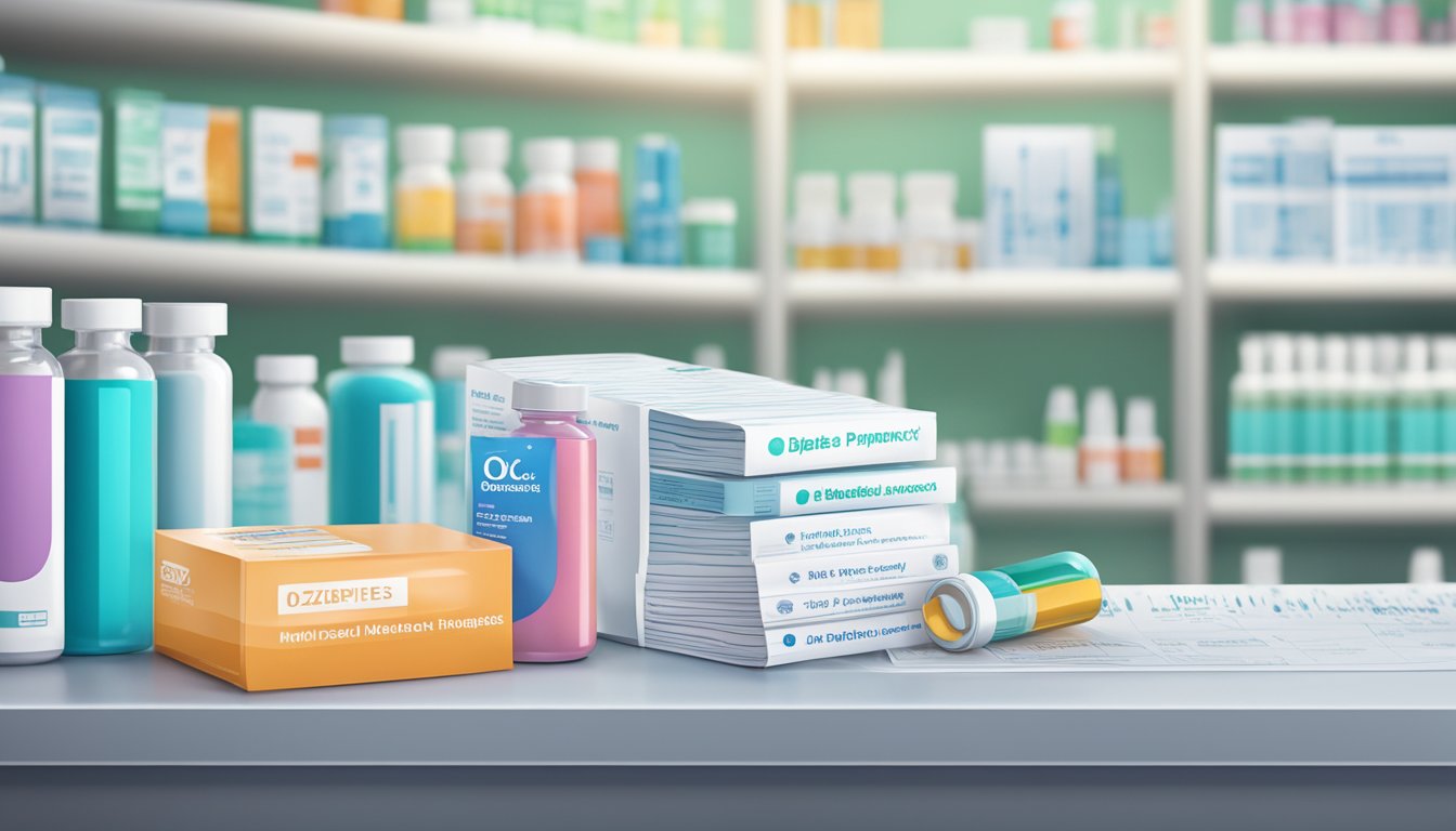 A vial of Ozempic sits on a pharmacy shelf, surrounded by diabetes and weight loss pamphlets. A doctor's office in the background suggests medical support