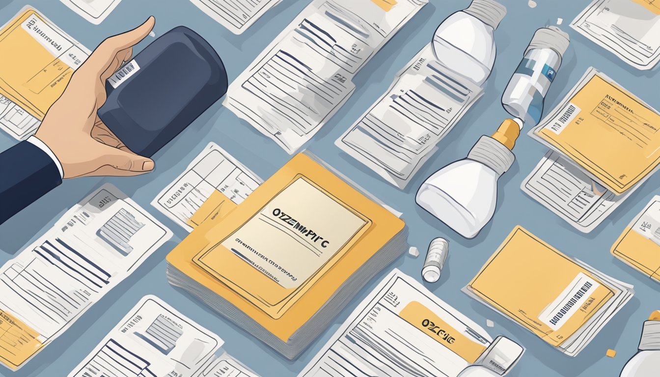 A hand holding a prescription bottle with the word "Ozempic" on the label, surrounded by various insurance cards and documents