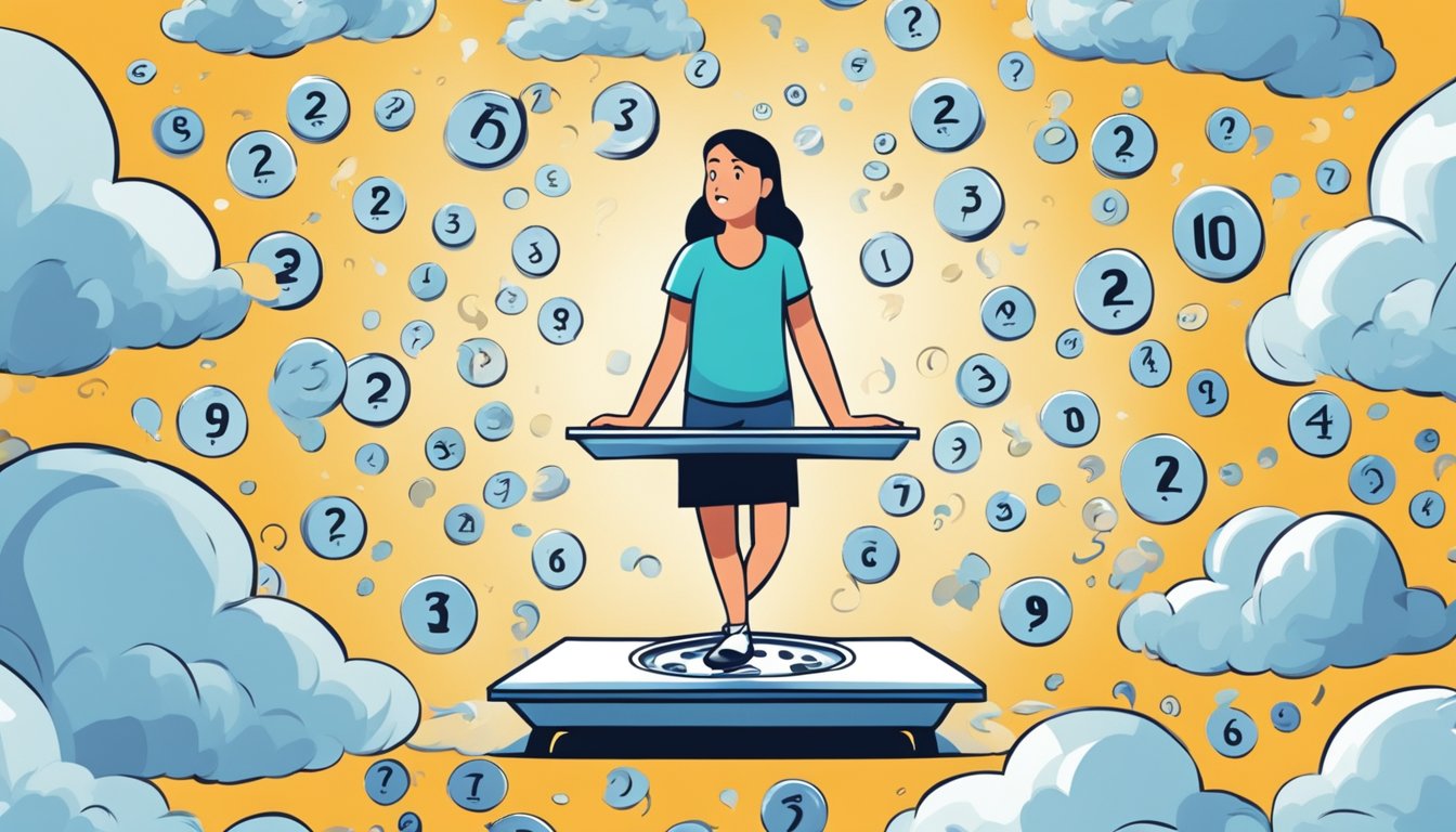 A person stepping on a scale, with a surprised expression as the numbers rapidly decrease, surrounded by a cloud of question marks