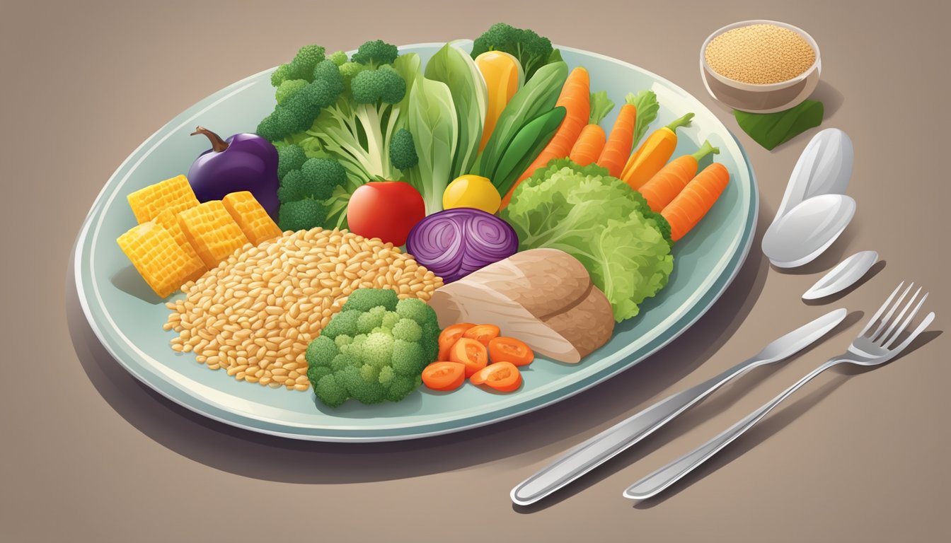 A colorful plate with smaller portions of balanced food, including veggies, lean protein, and whole grains, arranged in an appealing and visually balanced manner