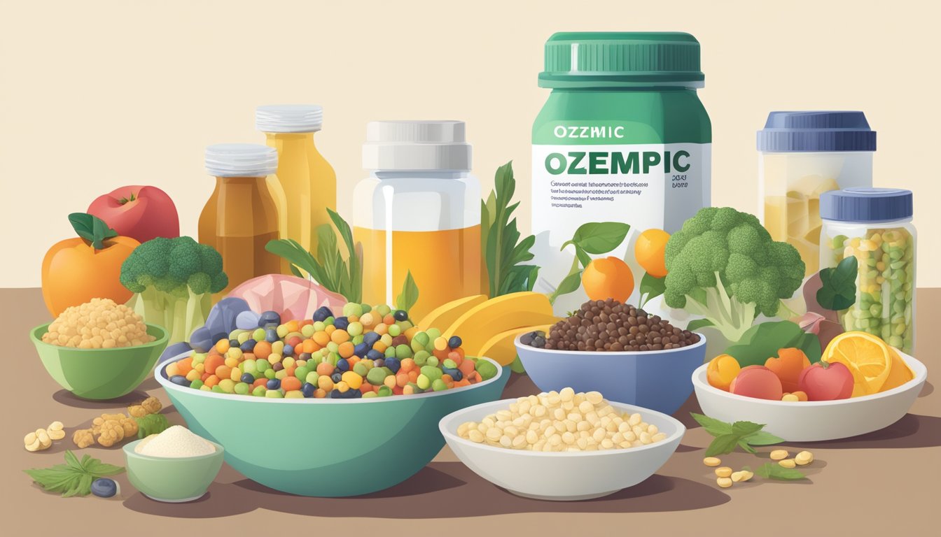 A table set with smaller portion sizes of various nutrient-rich foods, alongside a medication box labeled "Ozempic."