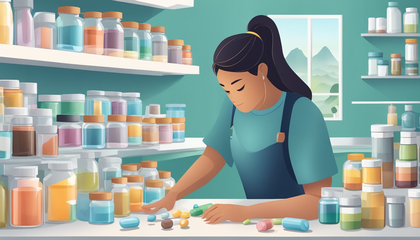 A person carefully organizing various medication bottles and supplements on a clean, organized countertop