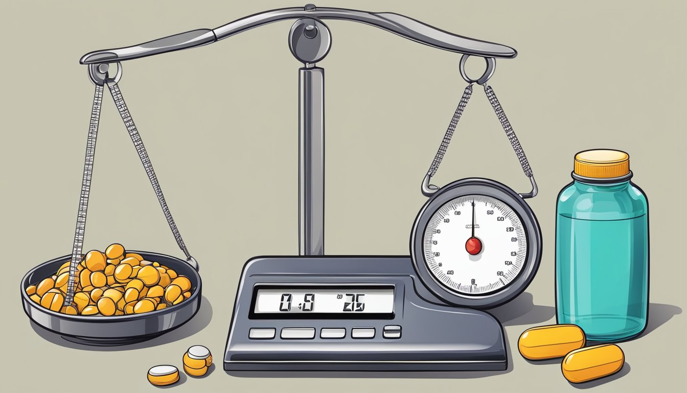 A scale with a pill bottle on one side and a variety of traditional weight loss tools on the other