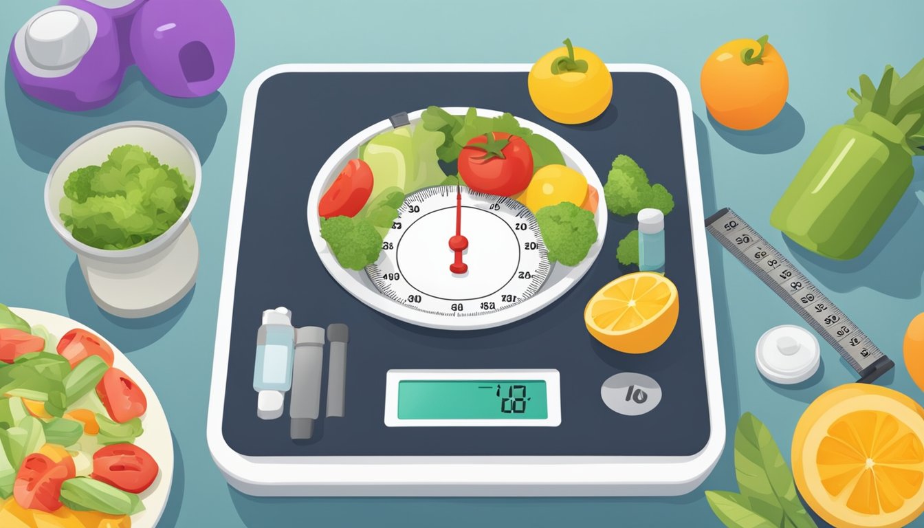 A scale with a pill bottle on one side and a plate of healthy food on the other, surrounded by measuring tape and exercise equipment