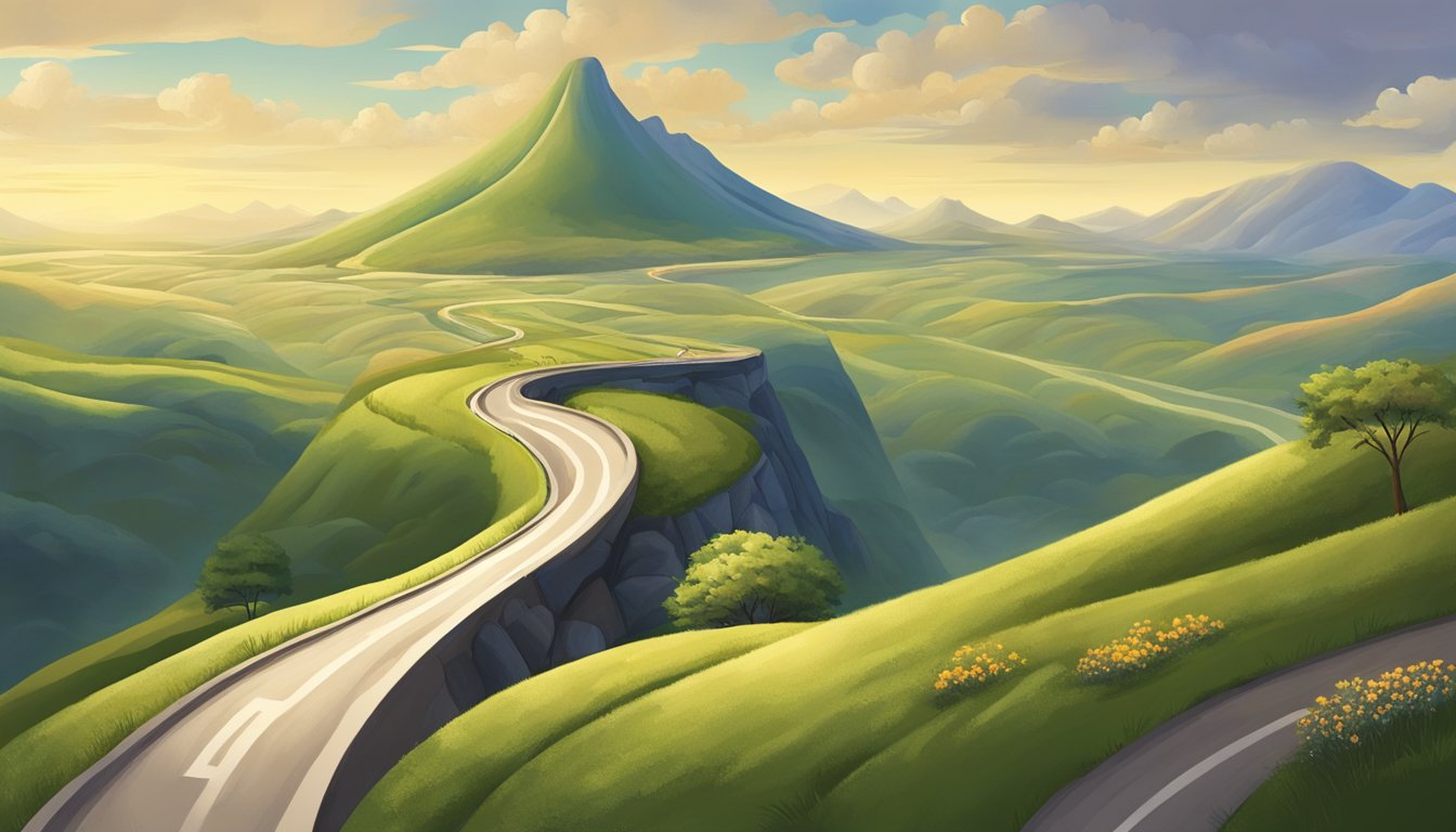 A person's journey with Ozempic depicted through a winding road leading to a plateau, symbolizing long-term progress and stability