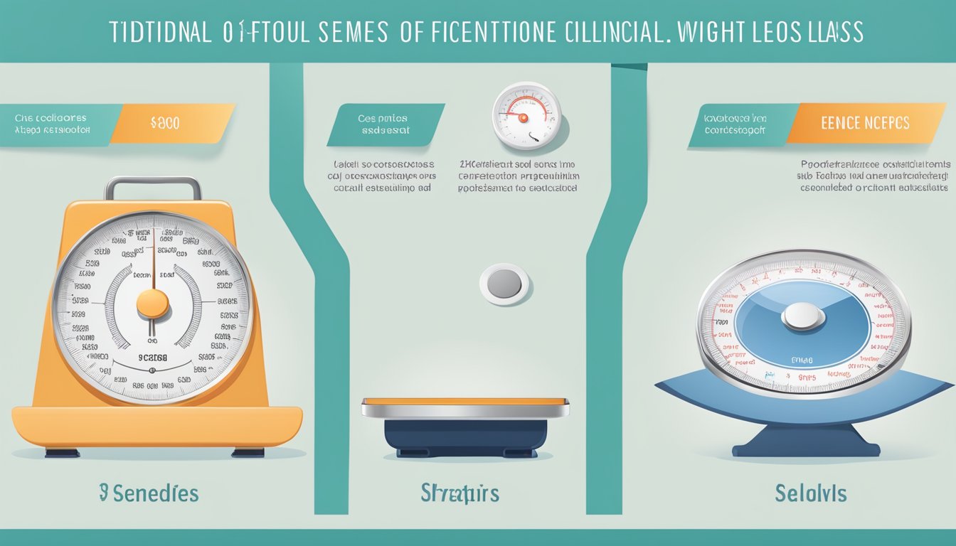 A scale with traditional weight loss methods on one side and Ozempic on the other, with clinical evidence and case studies surrounding them