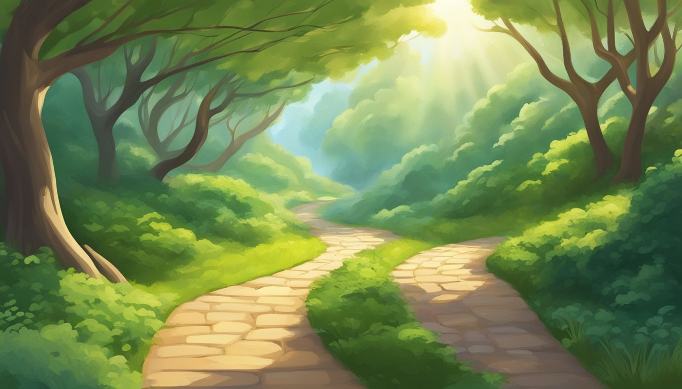 A winding path leading up a gradual incline, with occasional plateaus and markers of progress along the way. The path is surrounded by lush greenery and sunlight filtering through the trees