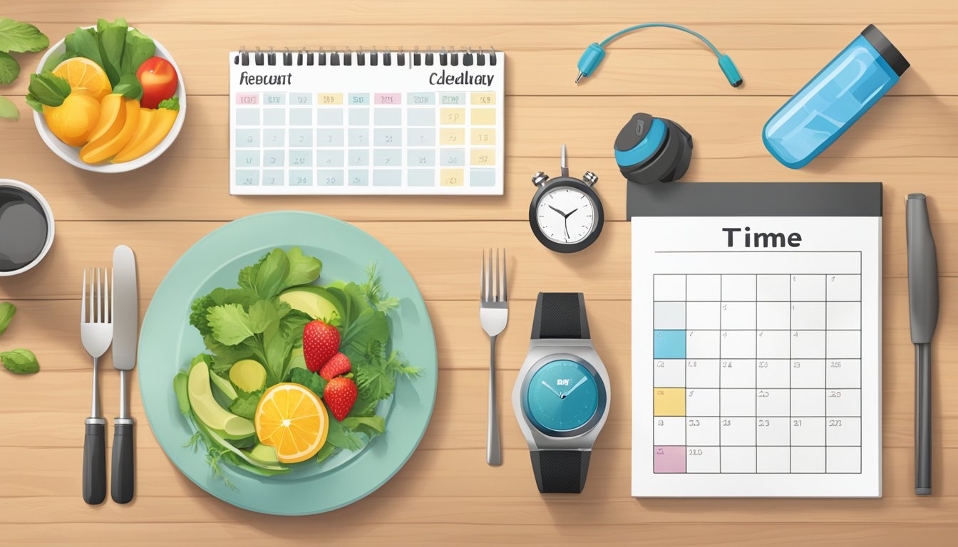 A table with a plate of healthy food, a water bottle, a fitness tracker, and a calendar showing progress over time