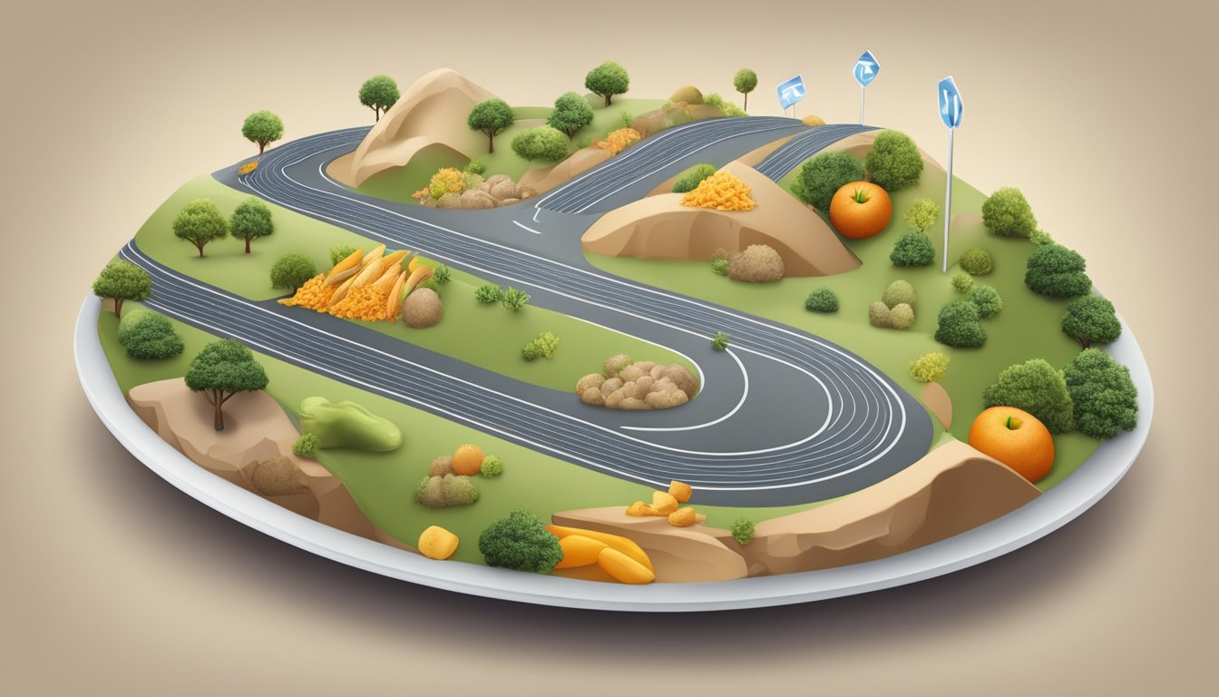 A plate with balanced food groups and a running track with a mix of uphill and downhill sections, showing progress and plateaus