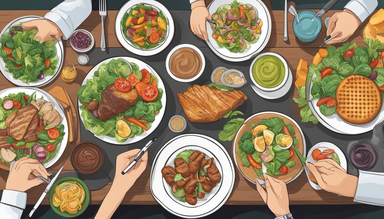 A table set with a variety of food dishes, including salads, grilled meats, and vegetables. A person is using a pen to mark a checklist of food choices on a menu