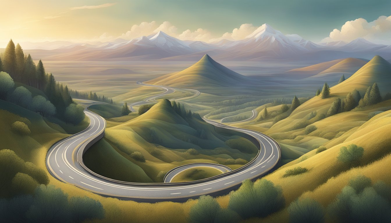 A winding road with a series of plateaus and peaks, representing the long-term journey of using Ozempic. The road stretches into the distance, symbolizing the ongoing progress and challenges of treatment