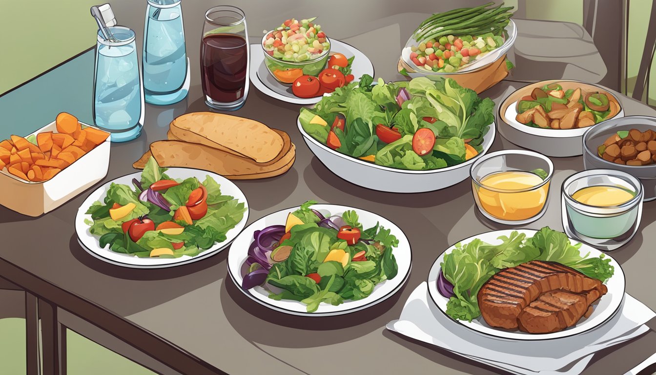 A table set with a variety of healthy and delicious food options, including salads, grilled meats, and vegetables, with a glass of water and a medication box nearby