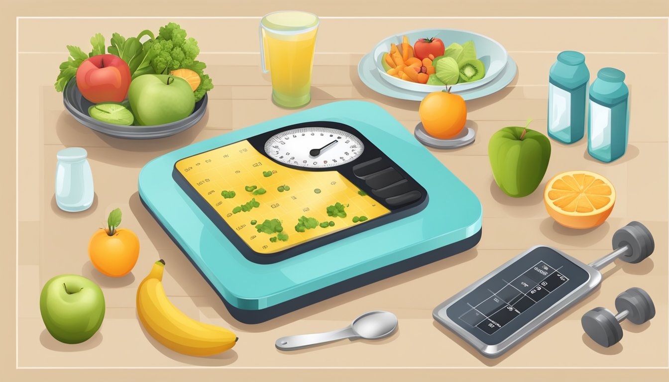 A scale with a plateau and progress chart, surrounded by healthy food and exercise equipment