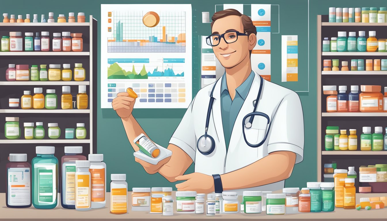 A pharmacist holding a vial of Ozempic while surrounded by various vitamin supplements and a diabetes management chart