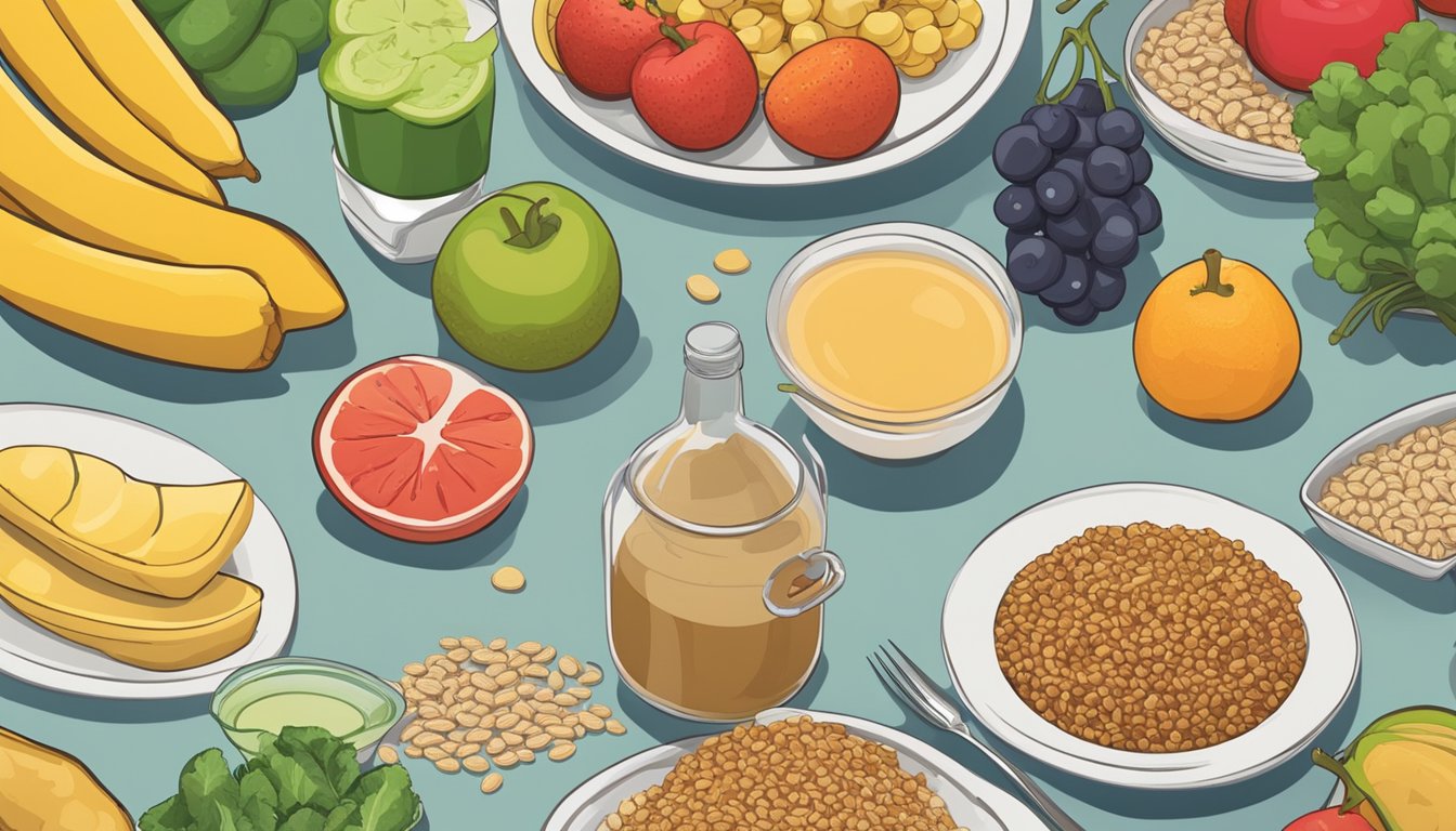 A table with a variety of colorful fruits, vegetables, and whole grains, with a bottle of Ozempic placed next to a plate of balanced, nutritious meal