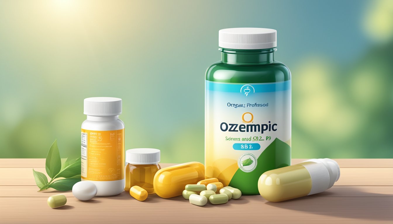 A serene setting with a bottle of Ozempic surrounded by various vitamin supplements, such as vitamin D, B12, and omega-3, displayed on a clean, organized surface