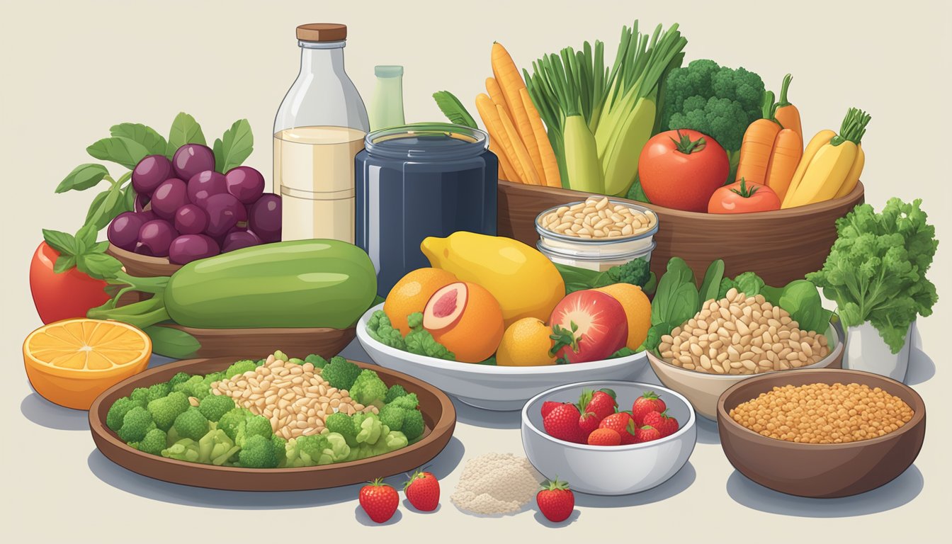 A table with a variety of healthy food options, including fruits, vegetables, lean proteins, and whole grains, alongside a bottle of Ozempic medication