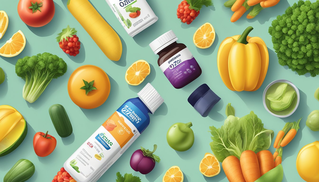 A table with various fruits, vegetables, and vitamin supplements arranged next to a box of Ozempic medication