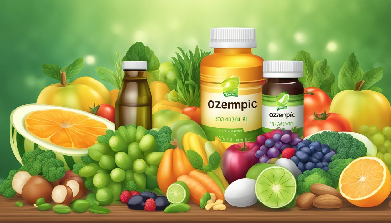 A table with a bottle of Ozempic and various vitamin supplements, including vitamin D, B12, and omega-3, surrounded by fruits and vegetables