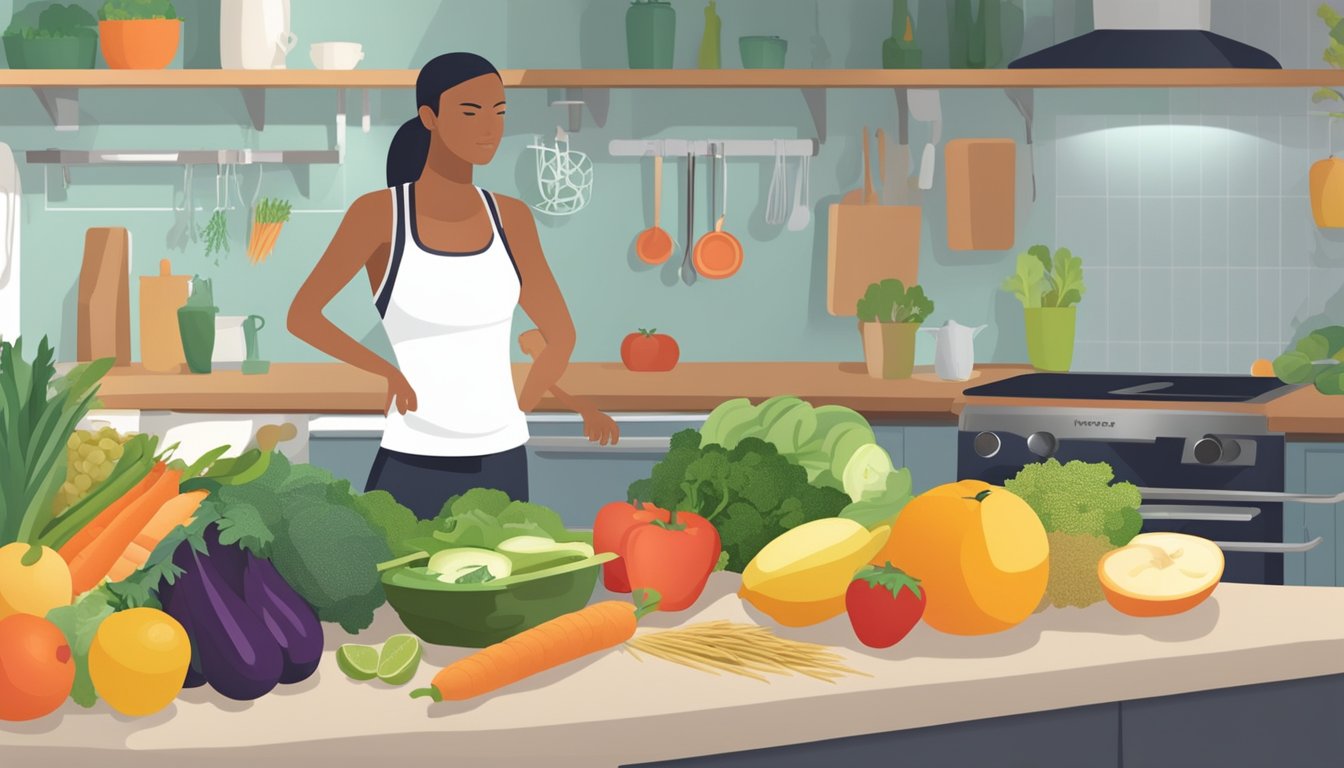 A kitchen counter with fresh fruits, vegetables, and whole grains. A person exercising in the background