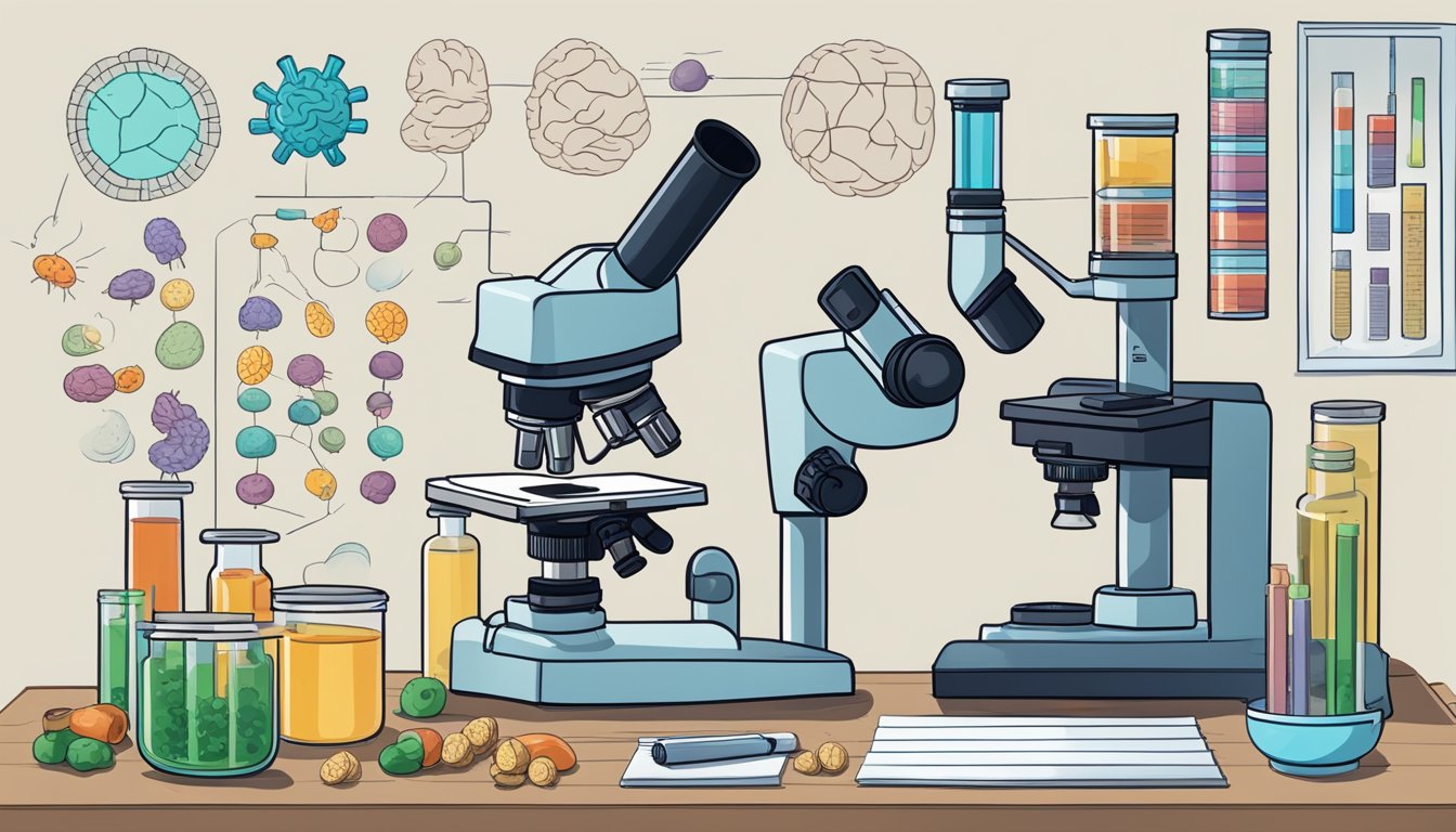 A lab setting with a microscope, test tubes, and scientific equipment. A diagram of the brain showing appetite suppression