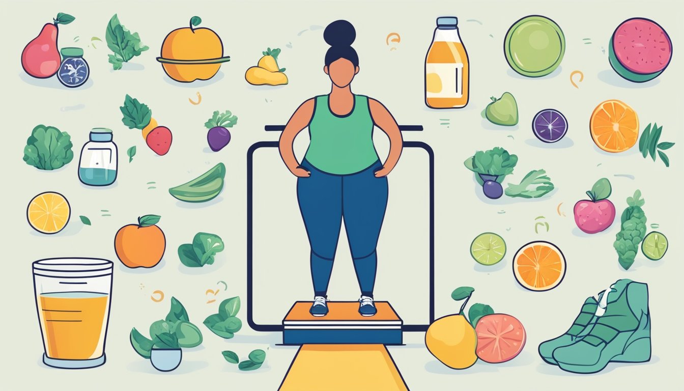 A person standing on a scale with a healthy diet and exercise symbols surrounding them