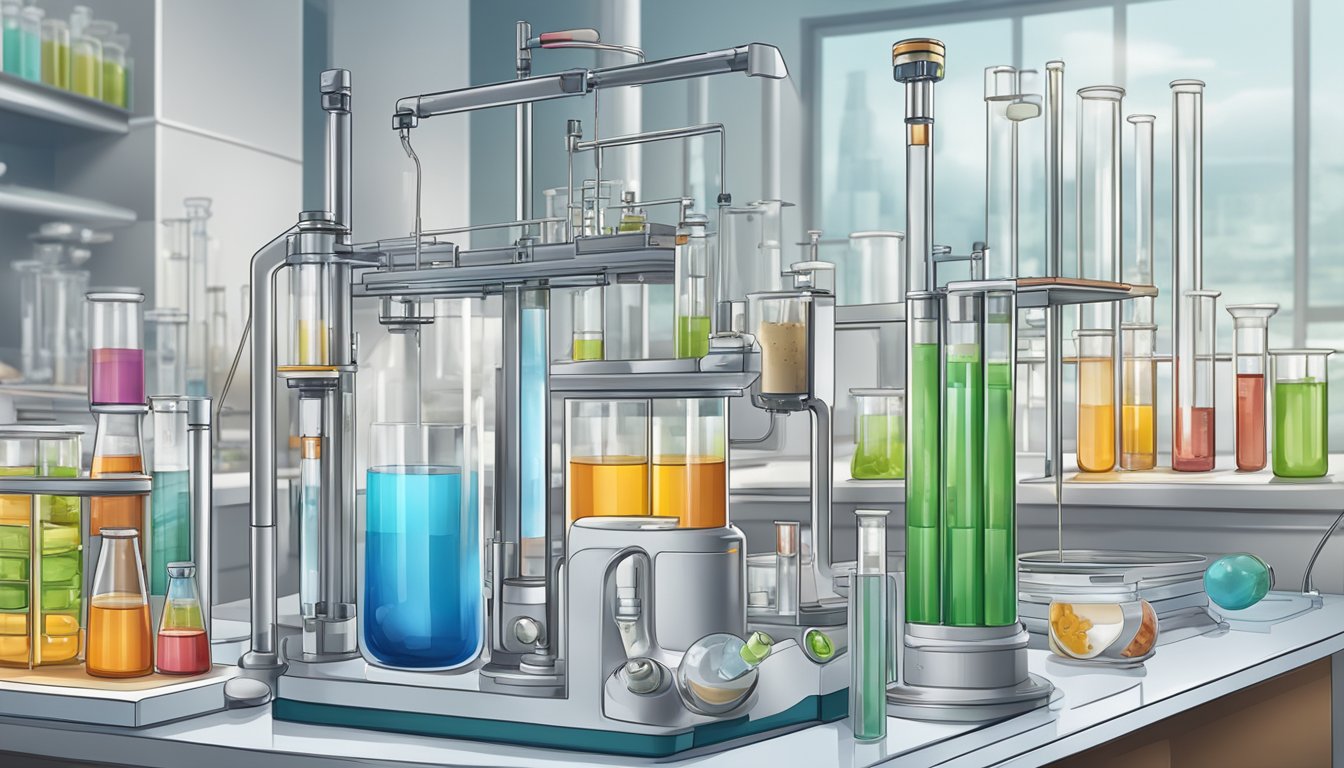 A laboratory setting with test tubes, scientific equipment, and a detailed diagram of the appetite suppression process