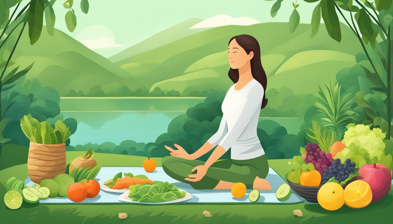 A serene, green landscape with a woman practicing yoga, surrounded by healthy foods and a bottle of Ozempic