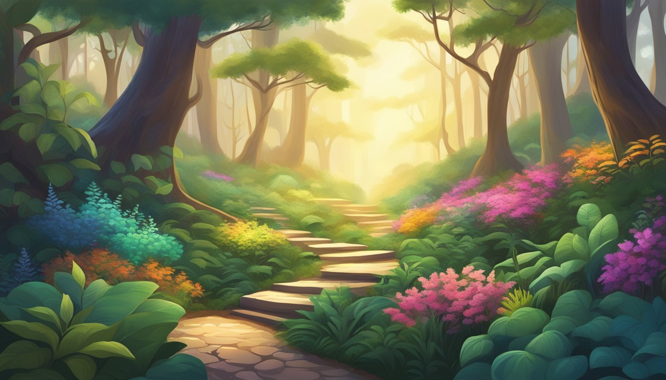 A serene forest with a winding path leading to a glowing, oversized pill nestled among vibrant, healthy plants and trees