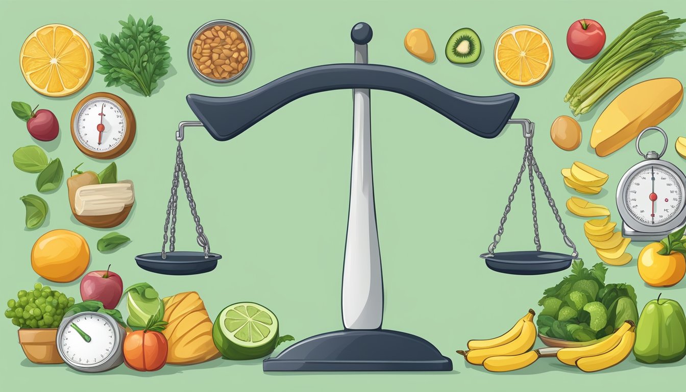 A weight scale surrounded by healthy food, exercise equipment, and a tape measure, symbolizing the balance of muscle mass and weight loss on Ozempic