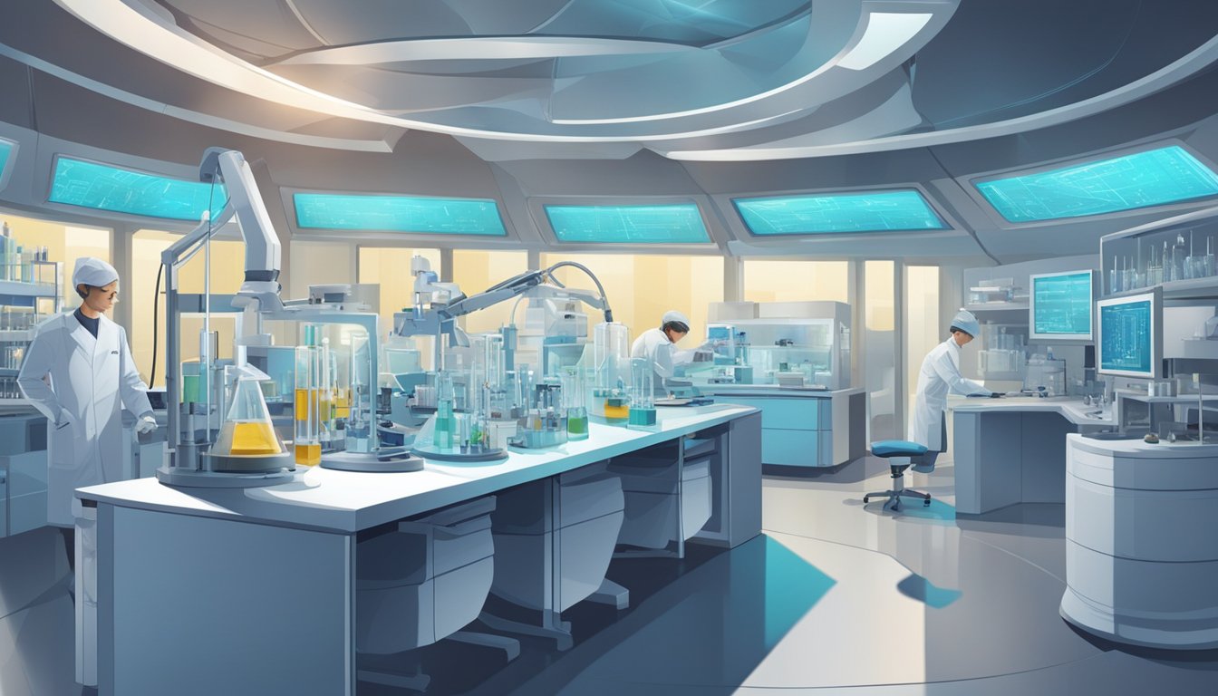 A futuristic laboratory with cutting-edge equipment and scientists working on research and development of Ozempic