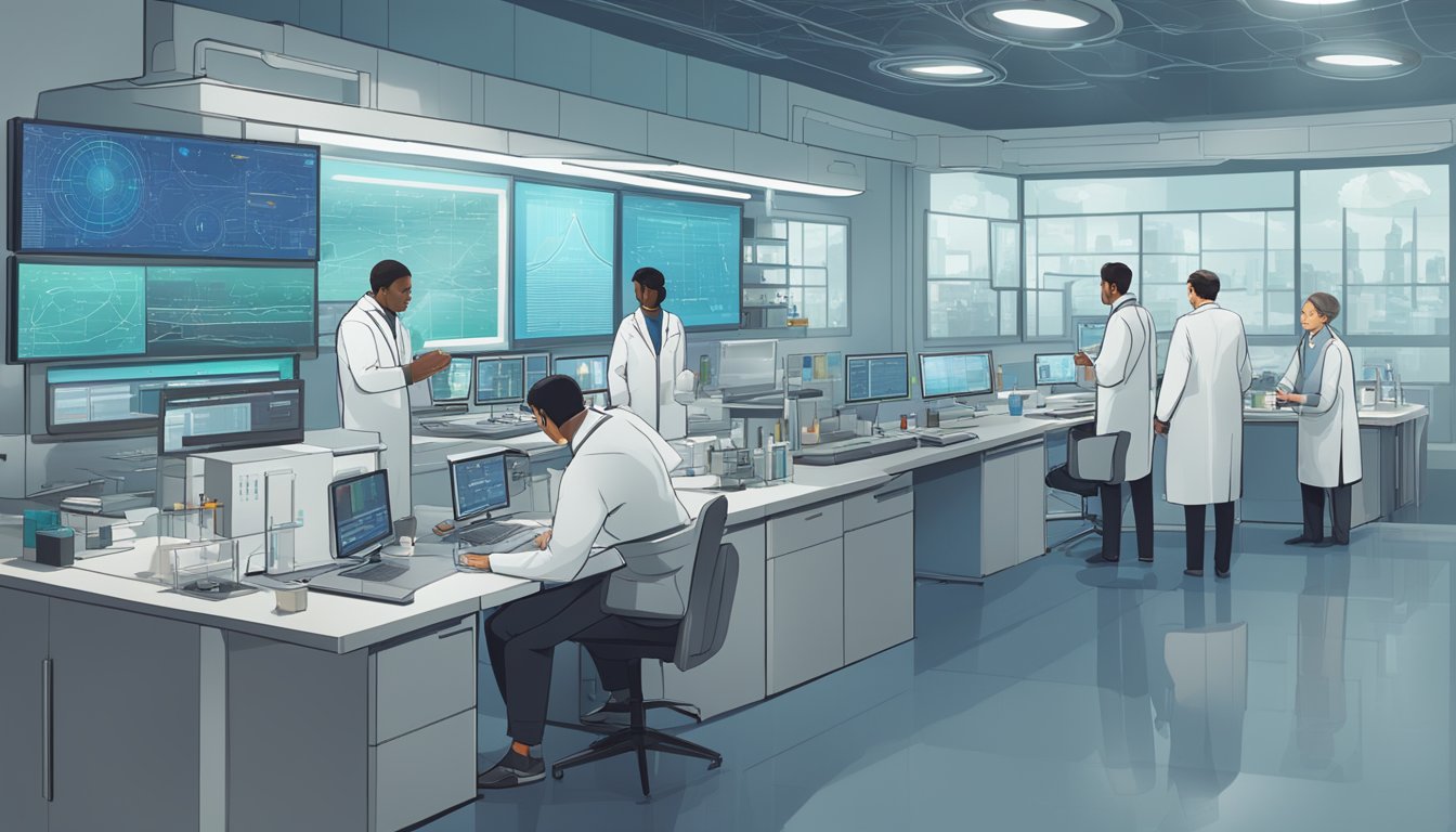 A laboratory setting with scientists reviewing data, a timeline of milestones, and a futuristic visualization of potential developments for Ozempic