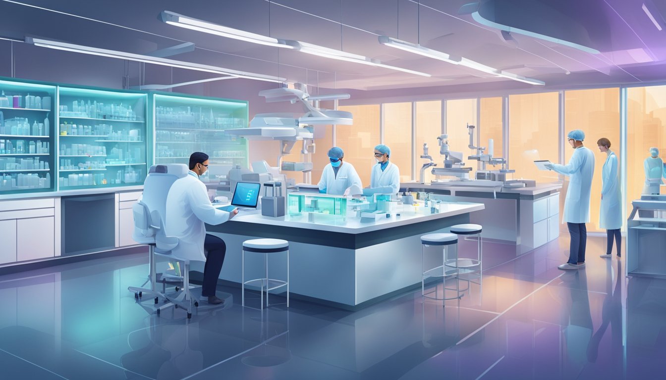 A futuristic medical lab with advanced equipment and researchers working on developing new medications