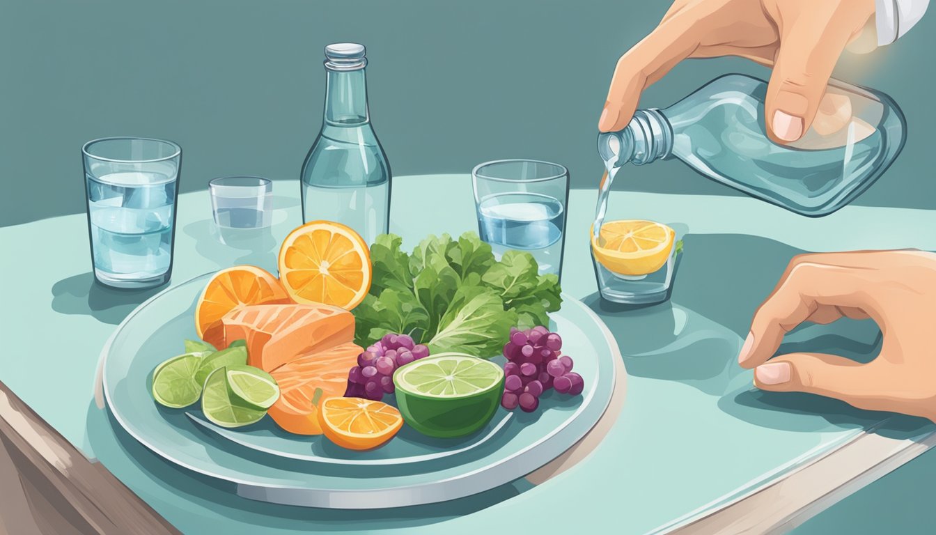 A table with a bottle of Ozempic, a glass of water, and a plate of healthy food. A person's hand is reaching for the glass of water