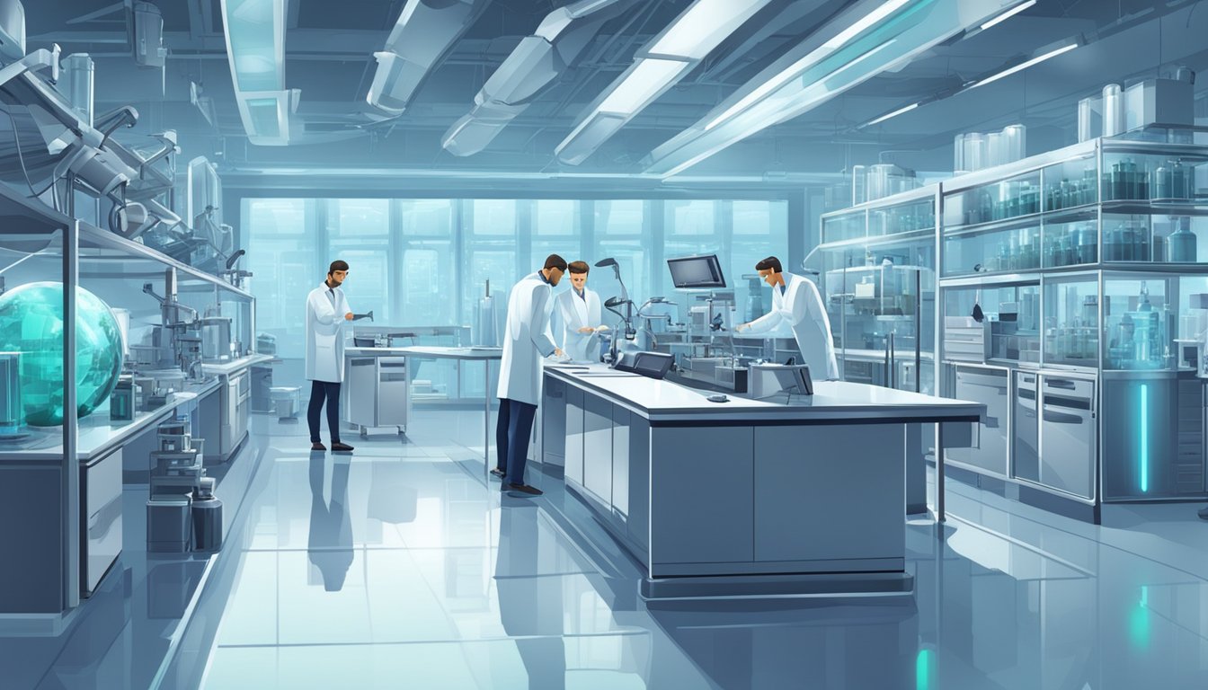 A futuristic laboratory with scientists working on advanced research equipment