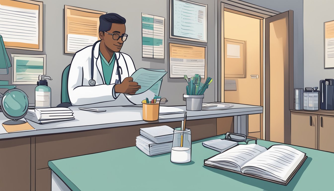 A doctor's office with a patient's file open on the desk, a pamphlet about Ozempic, and a list of questions to ask about the medication