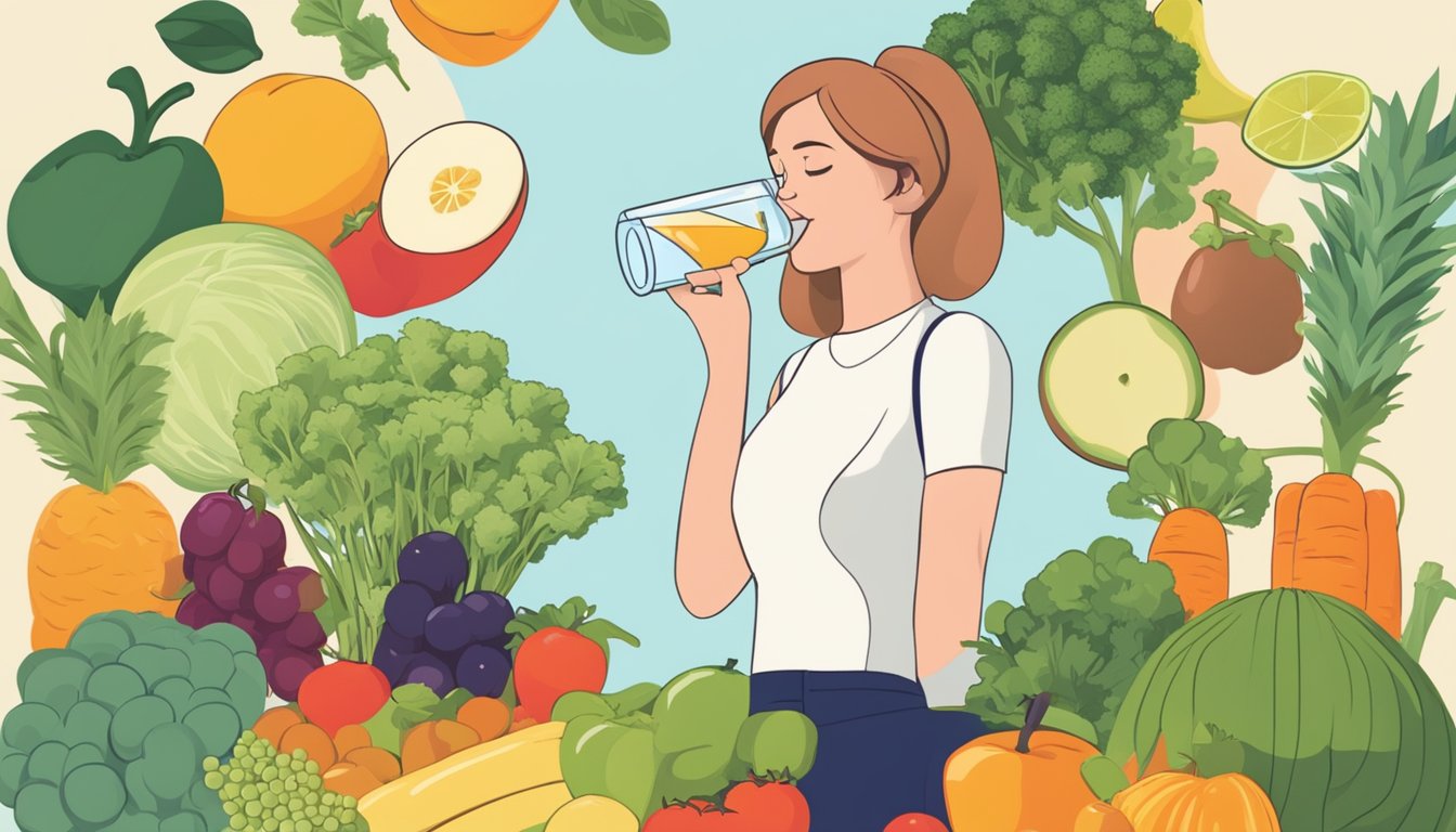 A person drinking a glass of water while holding a box of Ozempic, surrounded by fruits and vegetables to depict a healthy lifestyle