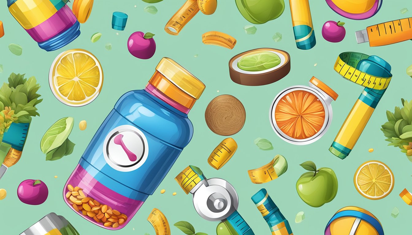 A colorful pill bottle surrounded by a tape measure, healthy foods, and a gym symbol