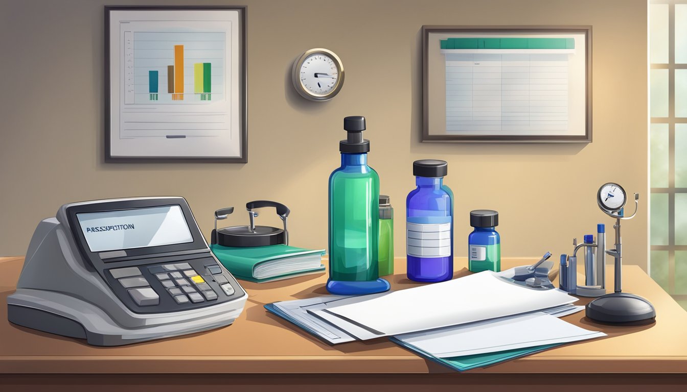 A doctor's office with a scale and prescription bottle on the desk