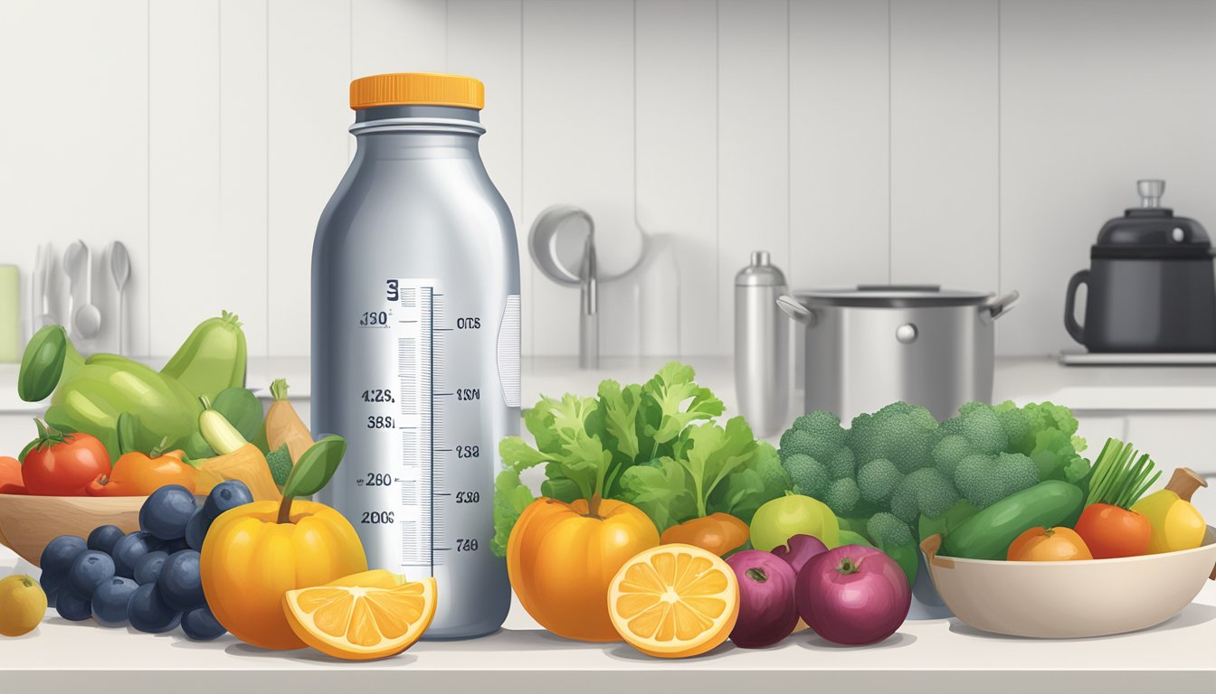 A bottle of Ozempic sits on a clean, white countertop, surrounded by fresh fruits and vegetables. A measuring tape and scale are nearby