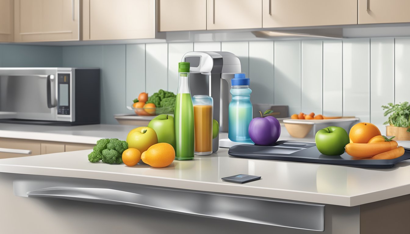 A kitchen counter with a bottle of Ozempic, a scale, healthy food, and exercise equipment